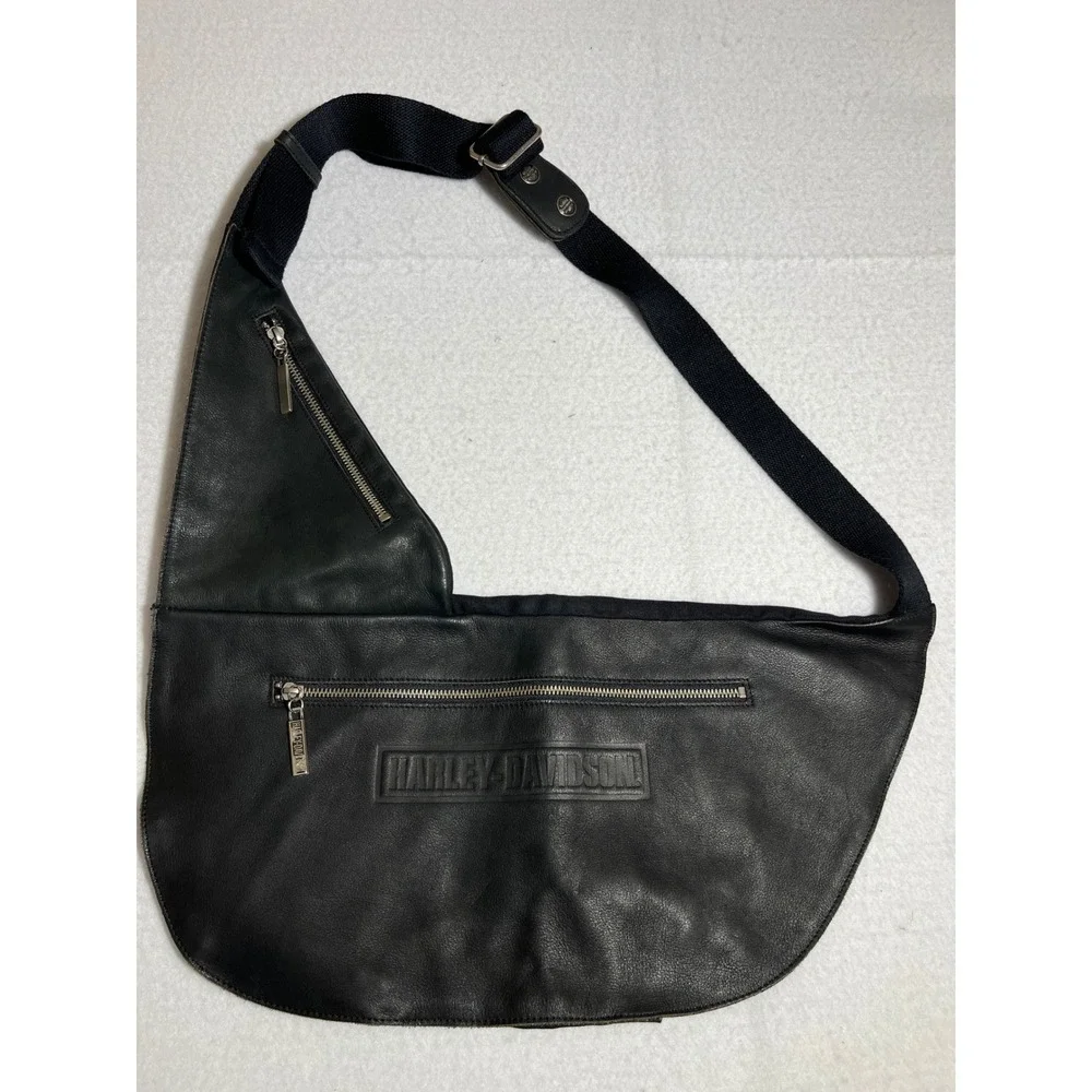 Harley Davidson Black Leather Sling Bag Crossbody Biker Moto Embossed Logo